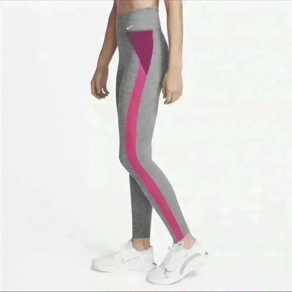 NWT Nike One Women's Grey/Heather/ Pink Mid-Rise Color-Block Leggings Sz L - Picture 2 of 11